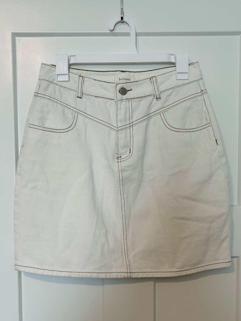 Böhme Ecru Ivory Mini Skirt Brown Stitching Size M